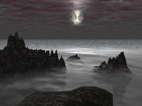 Una escena nocturna con una luna brillante sobre un paisaje rocoso y un mar nebuloso.